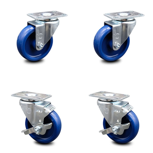 4 Inch Solid Polyurethane Wheel Swivel Top Plate Caster Set with 2 Brakes SCC